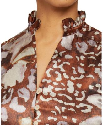 NIRVA Sleeveless Ruffle-Neck Midi Dress in Abstract Floral Silk