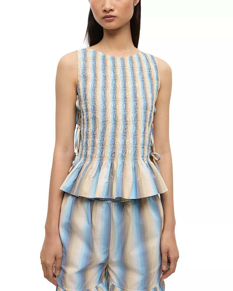 Ganni Striped Smocked Tie Top