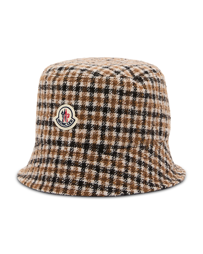 Moncler Reversible Check Logo Patch Bucket Hat In Brown