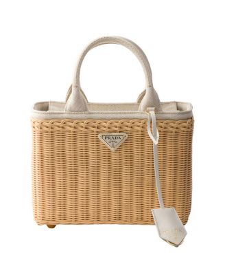Medium Wicker and Linen Blend Tote Bag