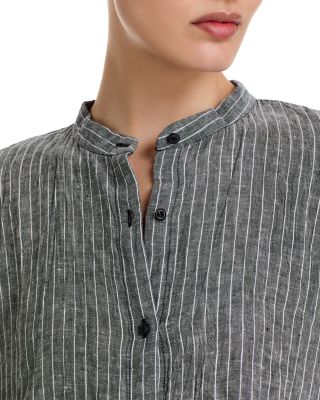 Puckered Linen Mandarin Collar Dress