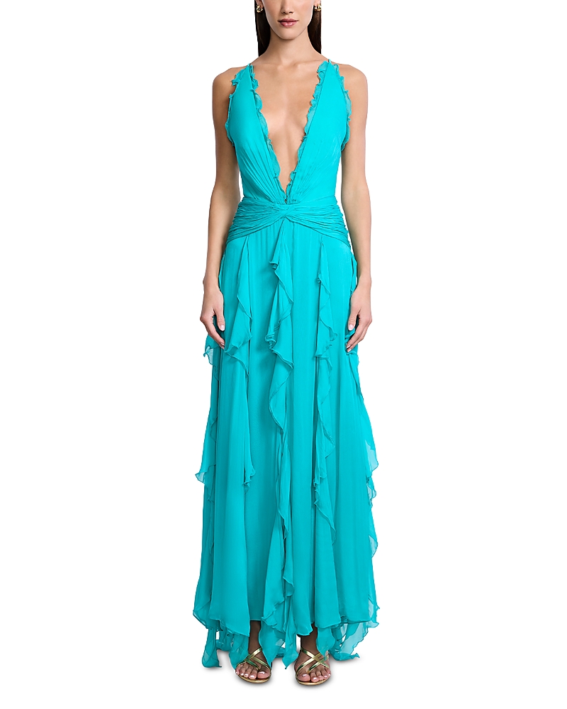 Bcbgmaxazria Ruffled Chiffon Gown In Blue