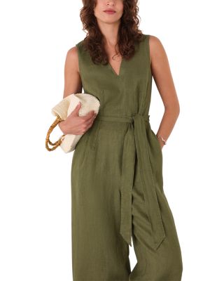 Petite Belted Seamed Linen Jumpsuit 