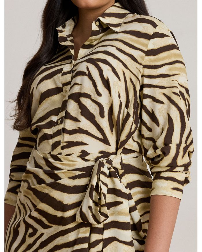 Zebra Print Tie Front Crepe Shirtdress