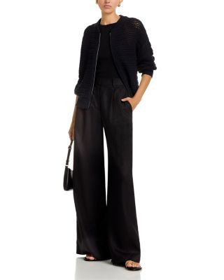 Open Knit Bomber Crewneck Cardigan Sweater