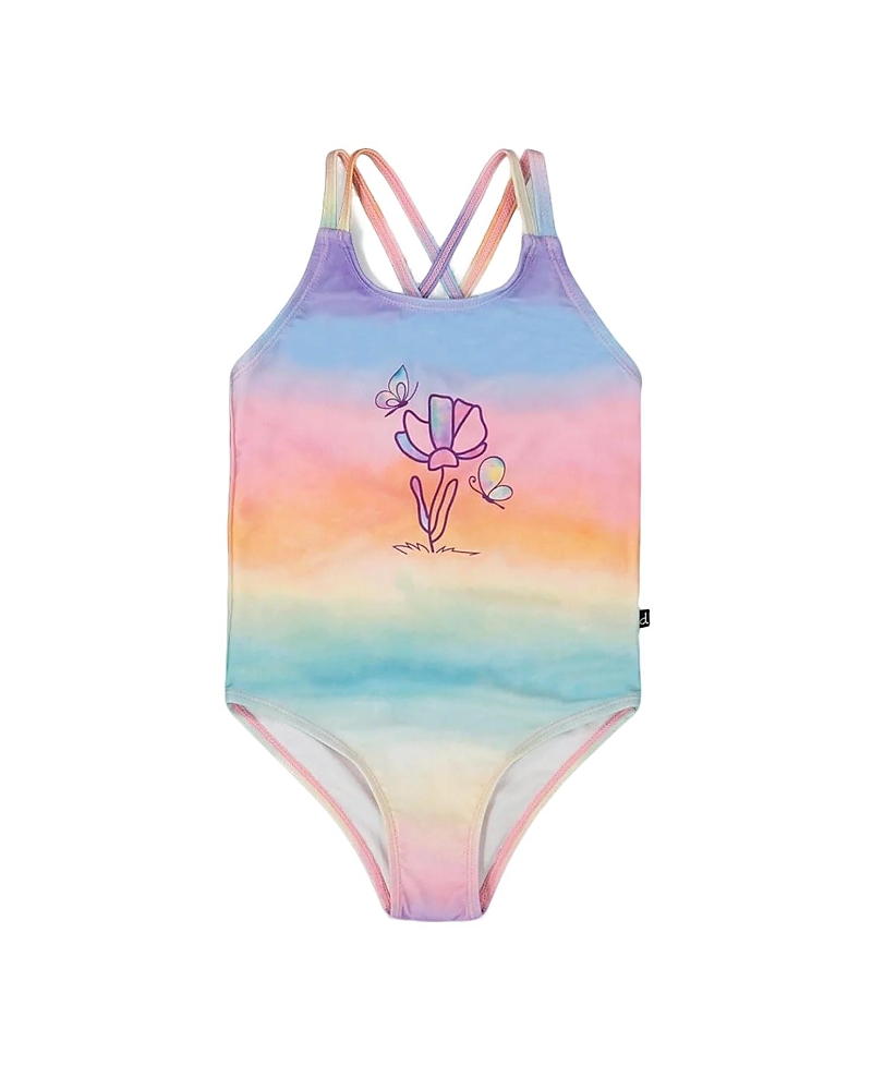 Deux Par Deux Girl's Printed One-piece Swimsuit Flowers On Multicolored Background In Multi