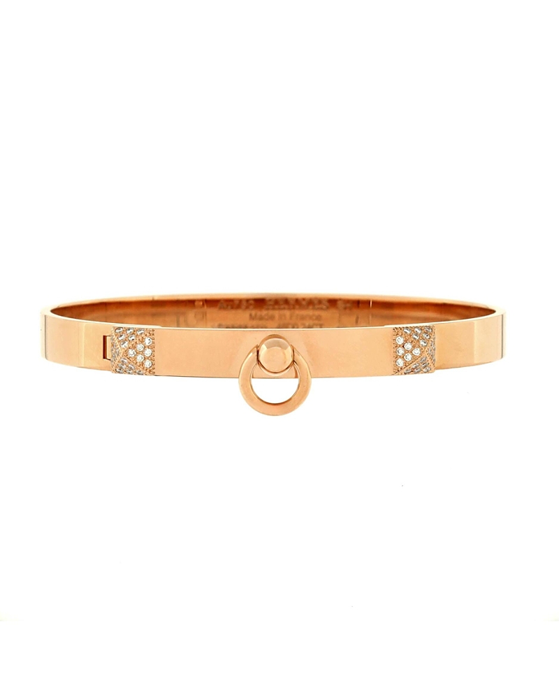 Shop Pre-owned Hermes Hermes Pm Collier De Chien Bracelet 18k Rose Gold With Pave Diamond Studs