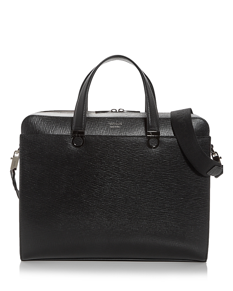 Ferragamo Gancini Leather Briefcase In Black