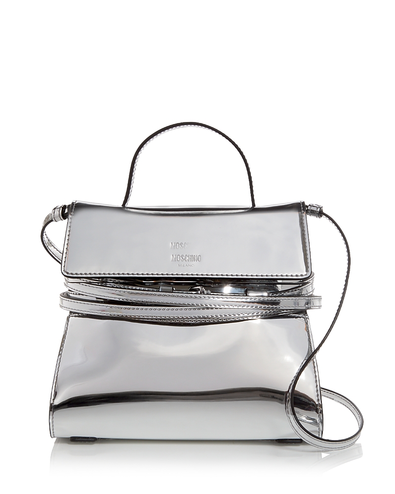 Moschino Tie Me Metallic Leather Handheld Bag In Silver