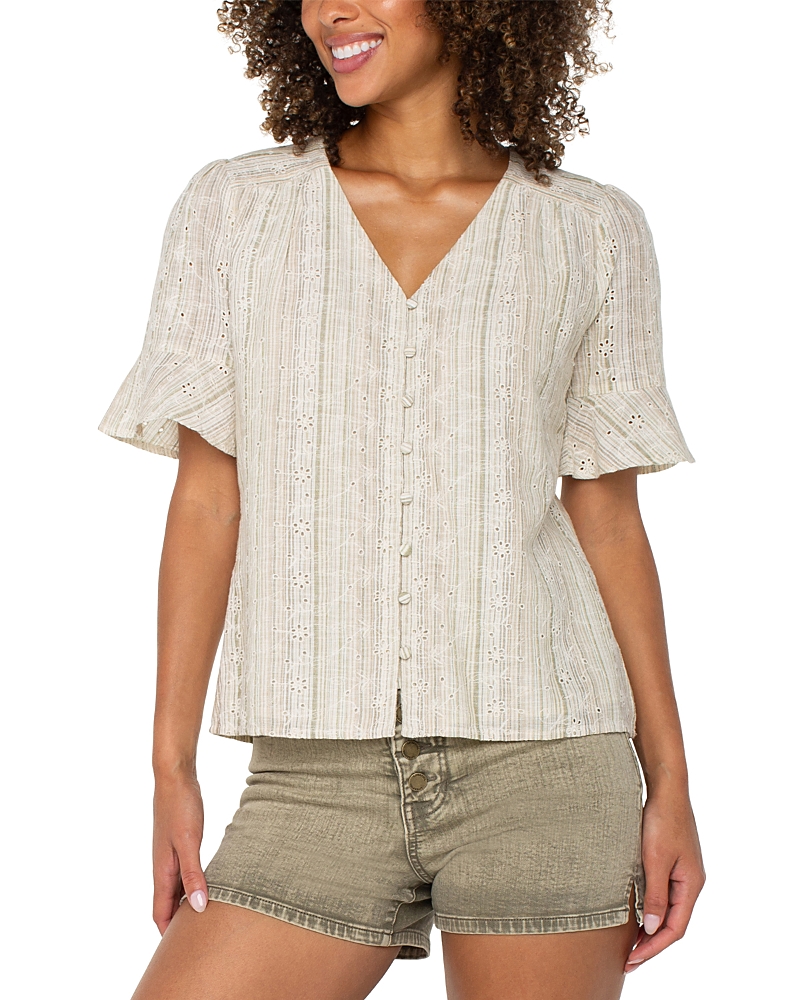 Liverpool Los Angeles Stripe Eyelet Short Sleeve Button-up Shirt In Neutral