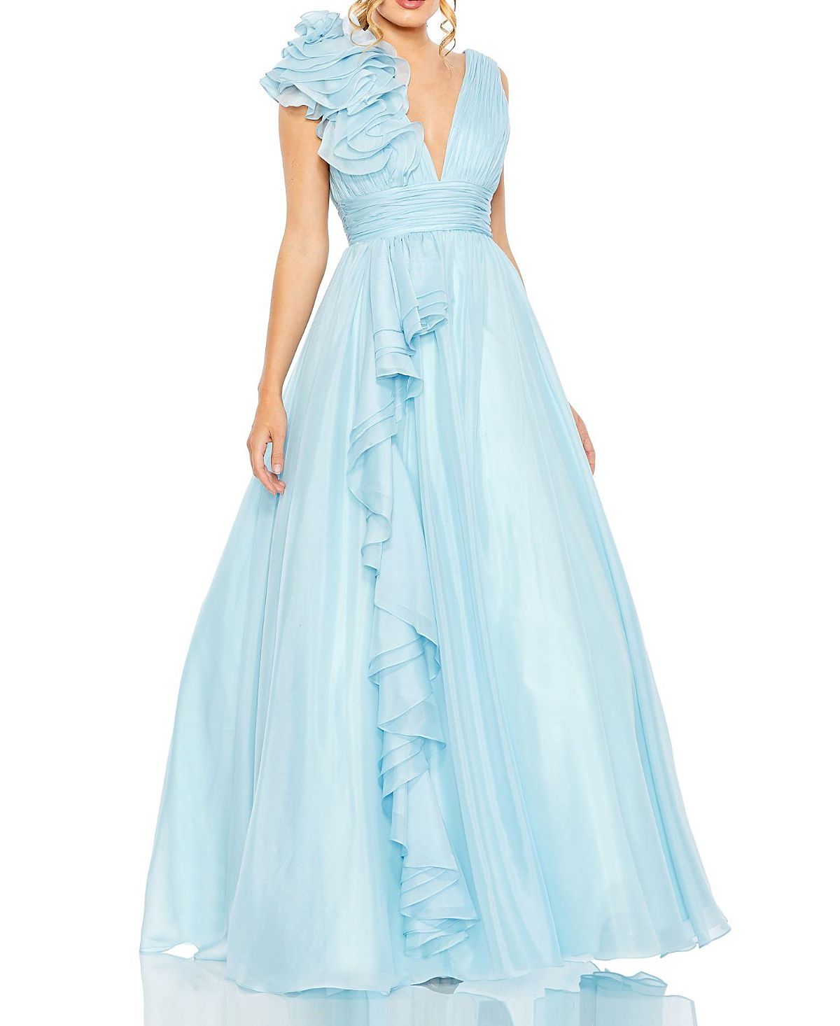 Mac Duggal Ruffle Shoulder V-Neck Chiffon Gown