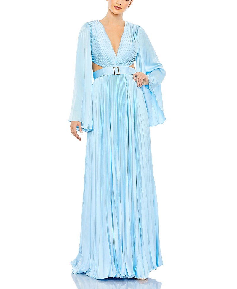 Mac Duggal Long Sleeve Lace-up Back Charmeuse Gown In Blue