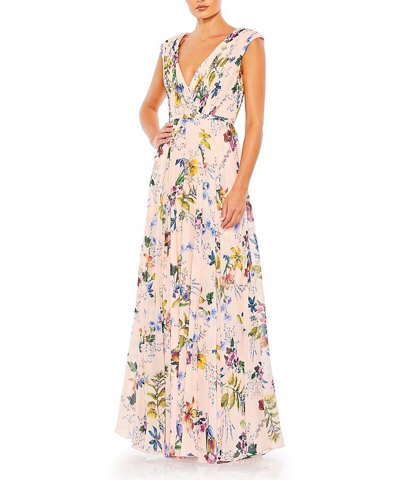 Mac Duggal Pleated Floral Cap Sleeve A Line Gown In Neutral