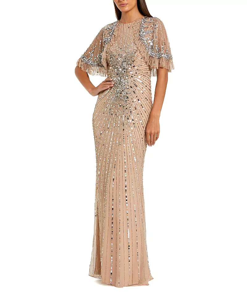 Mac Duggal Fitted Beaded Mesh Gown With Capelet