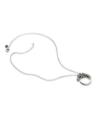 Brushed Sterling Silver Naga Pendant Necklace with Black Sapphire, Black Spinel and Blue Sapphire Eyes, 16"