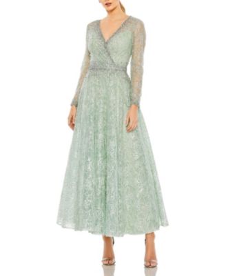 Embellished Wrap Over Long Sleeve Midi Dress