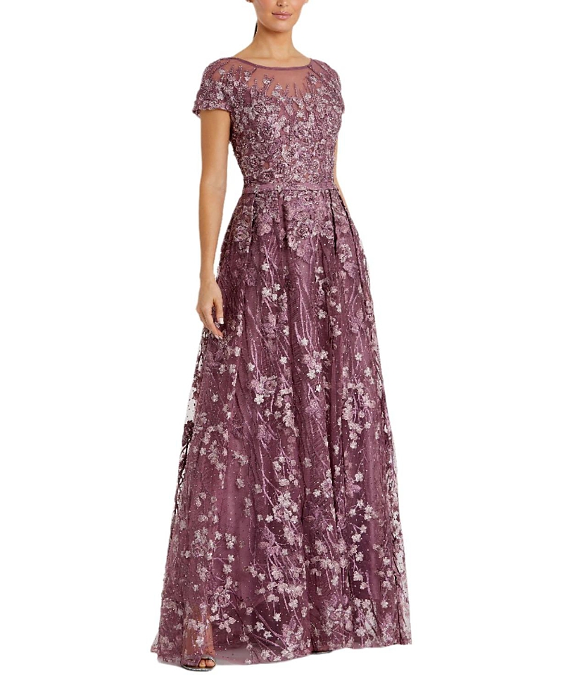 Mac Duggal Embellished Floral Cap Sleeve A Line Gown In Purple