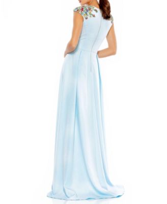  Women's Beaded Cap Sleeve V Neck A Line Gown