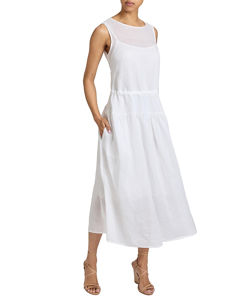 Santorelli Misty Sleeveless Midi Dress With Full Skirt And Detachable Slip, Side Pockets In Lightweight Ramie