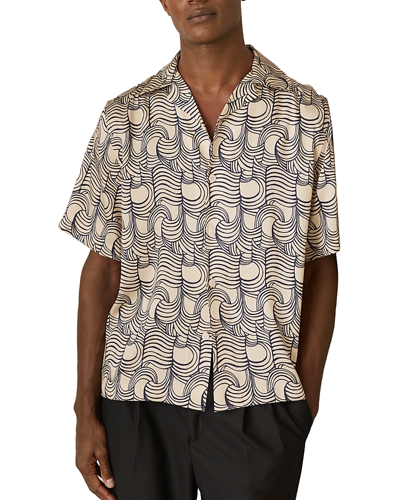Reiss Mens Waver Wave-pattern Woven Shirt Off White Navy