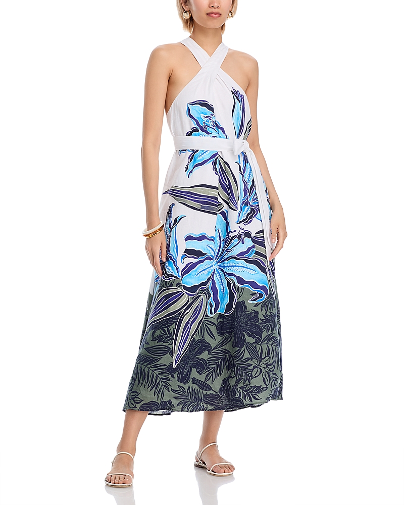 Tommy Bahama Regal Blooms Tie Waist Linen Midi Dress In Blue