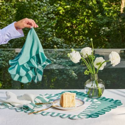 Jardin Embroidered Linen Scalloped Stripe Double-Sided Placemats, Set of 4