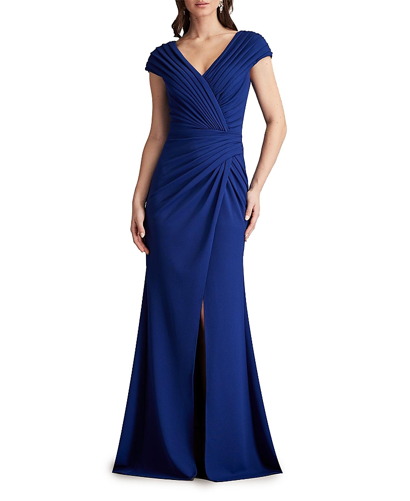 Tadashi Shoji Pleated Crepe Trumpet Gown In Blue