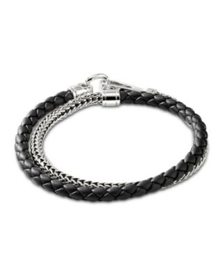 Men&#39;s Sterling Silver Icon Braided Leather &amp; Weave Double Wrap Bracelet