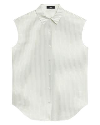 Cinched Cap-Sleeve Shirt in Striped Cotton-Blend