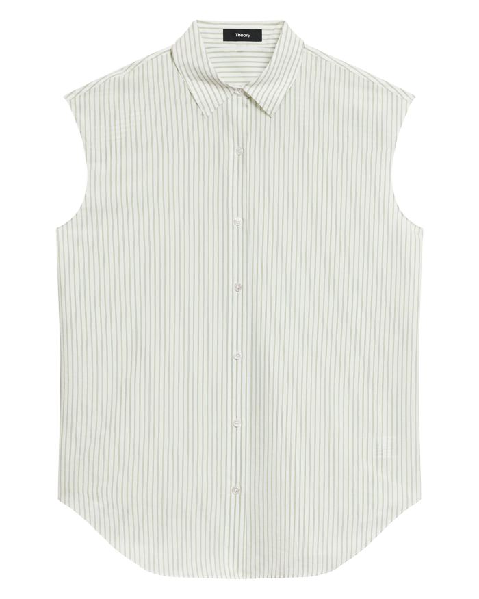 Cinched Cap-Sleeve Shirt Striped Cotton-Blend