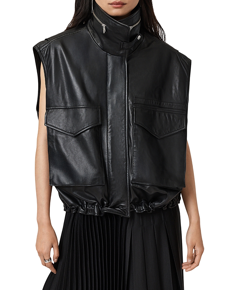 Allsaints Clay Funnel Neck Leather Gilet In Black