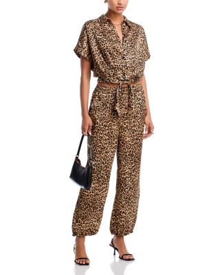 Satin Leopard Tie Front Shirt & Jogger Pants