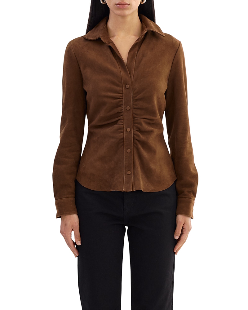 Lamarque Ruched Collared Suede Shirt In Brown