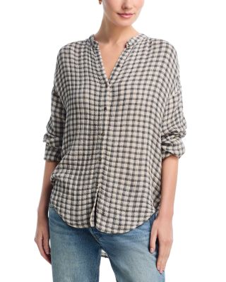 Plaid Shirred Mandarin Collar Shirt