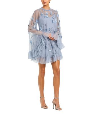 Mac Duggal - Embellished Long Flare Sleeve Mesh A-Line Dress