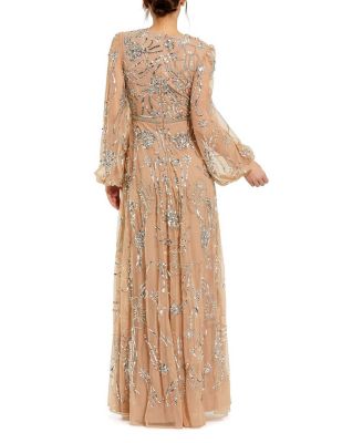  Embellished High Neck Puff Sleeve Gown