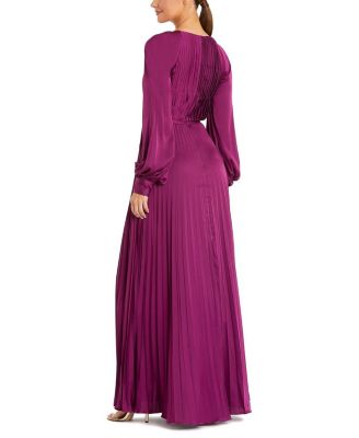  Pleated High Neck Raglan Long Sleeve Side Slit Gown