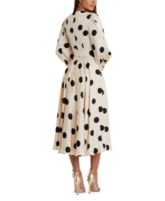 Polka Dot Charmeuse Long Sleeve V Neck Midi Dress