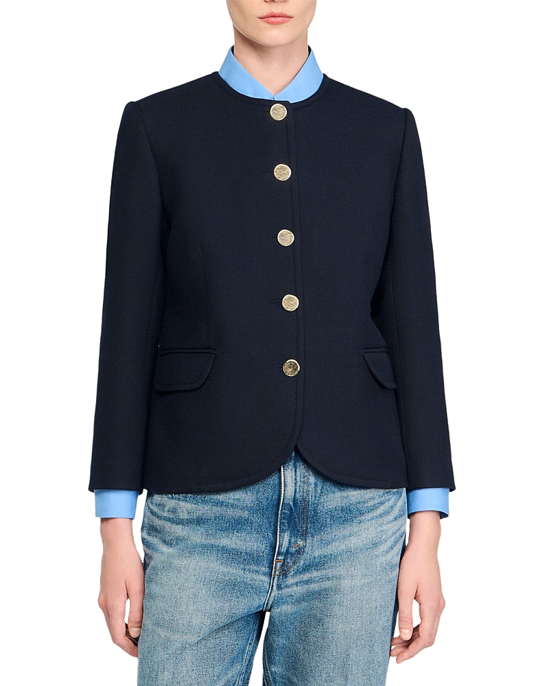 Sandro Womens Navy Blue Round-neck Side-pocket Woven Jacket In Blue