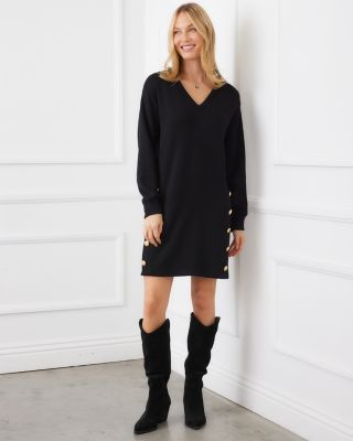 Long Sleeve V Neck Button Detail Dress