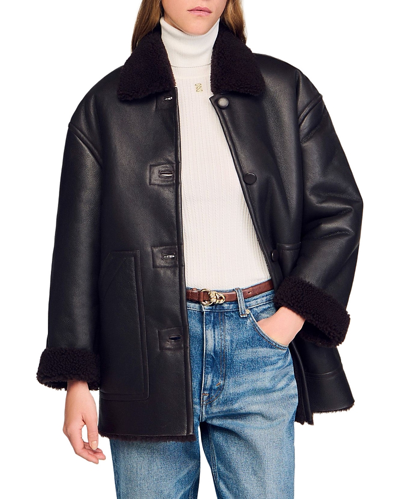 Sandro Shearling Coat In Black