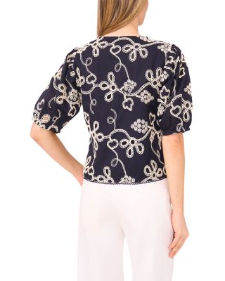Embroidered Short Sleeve Tie Front Top