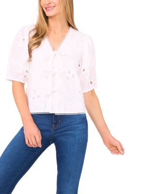 Embroidered Short Sleeve Tie Front Top