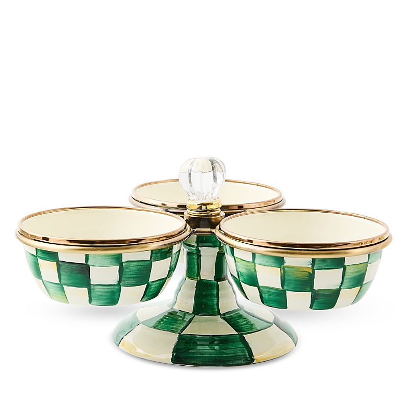 Mackenzie-childs Mackenzie Childs Emerald Check Enameled Steel Triplicity Bowls & Stand Set