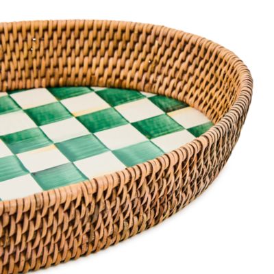 Emerald Check Enamel and Rattan Large Tray