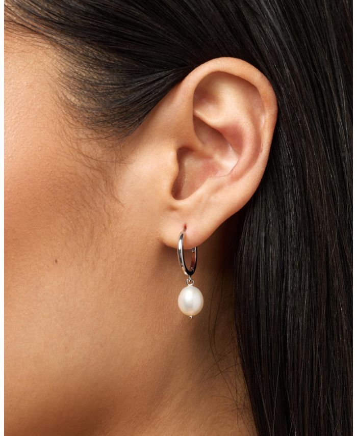 Brass Medium Frida Silver Pearl Hoops Earrings