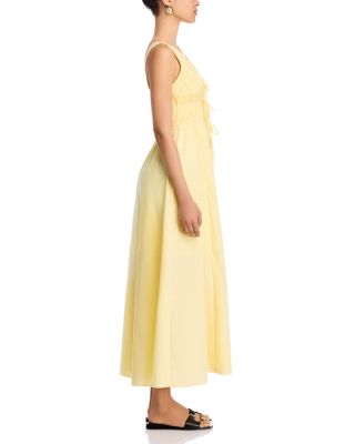 V Neck Tie Front Yellow Midi Dress