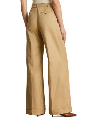 Pleated Cotton Twill Wide Leg Pants