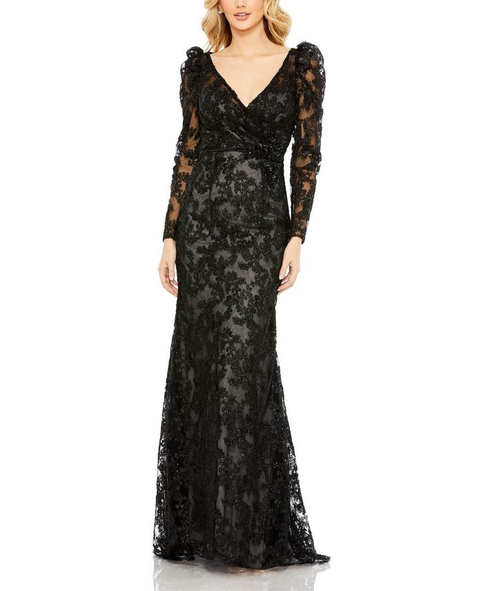 Embroidered Lace Wrap Over Puff Sleeves Gown