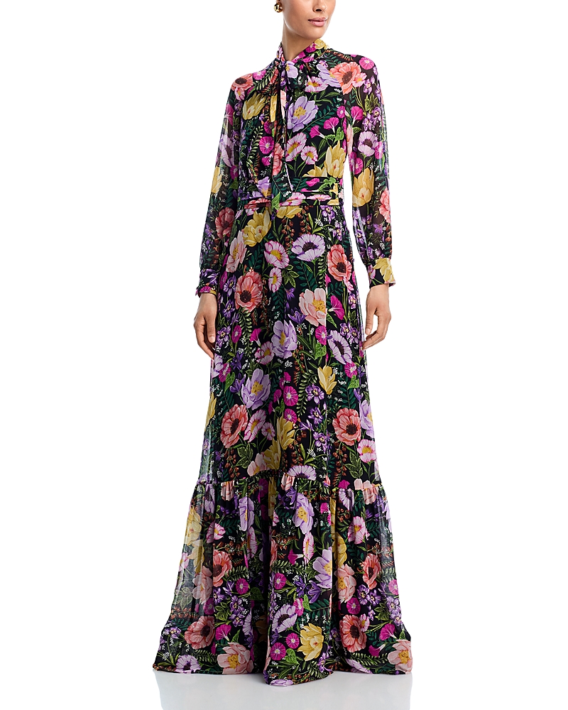 Teri Jon By Rickie Freeman Floral Print Tie Neck Chiffon Gown In Multi